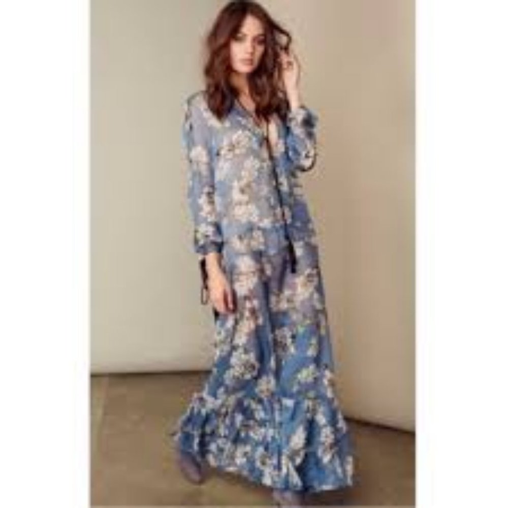 For Love & Lemons Santa Rosa Maxi Dress Blue Floral Sheer - Size Small